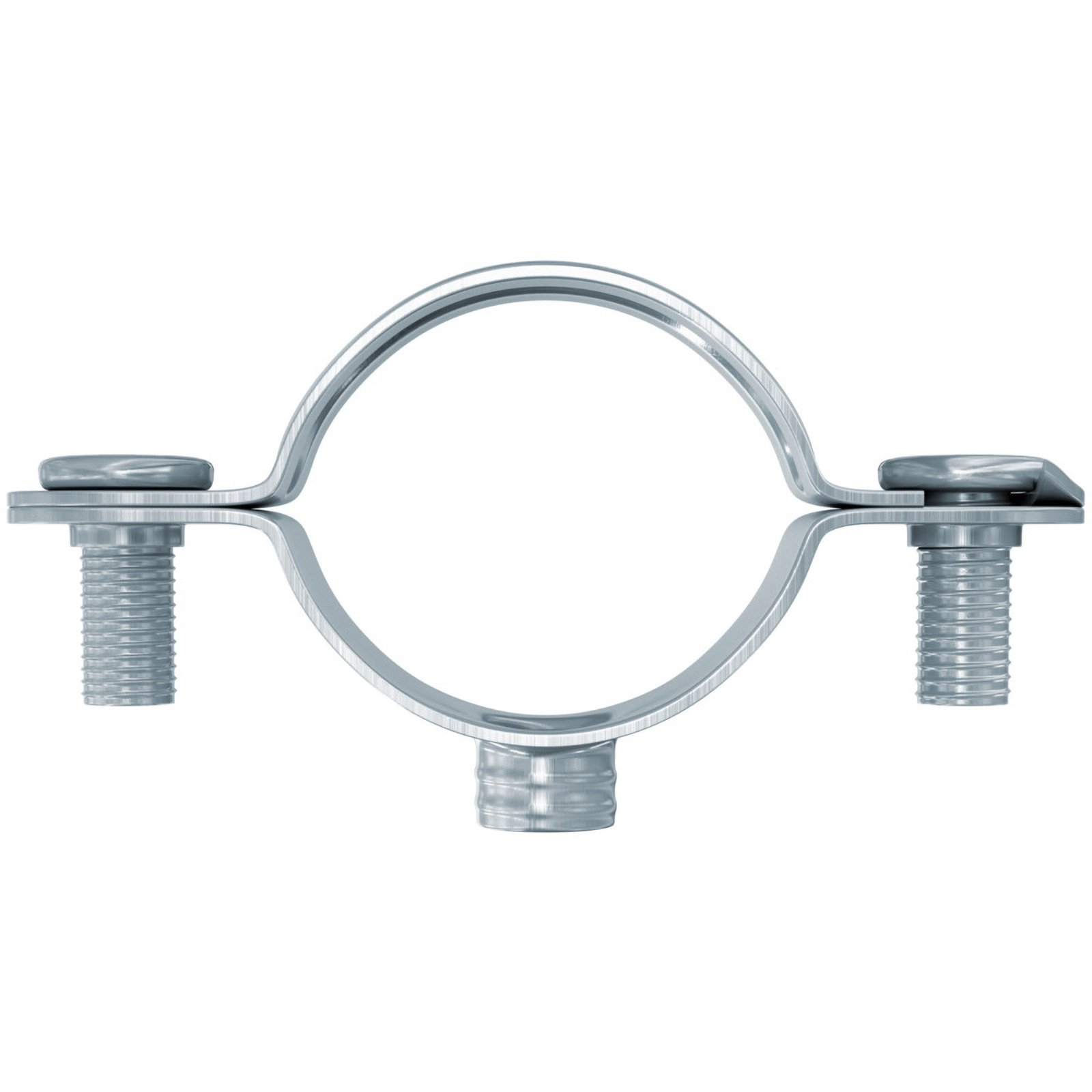 Fascetta stringitubo argentata con due bulloni, su sfondo bianco.