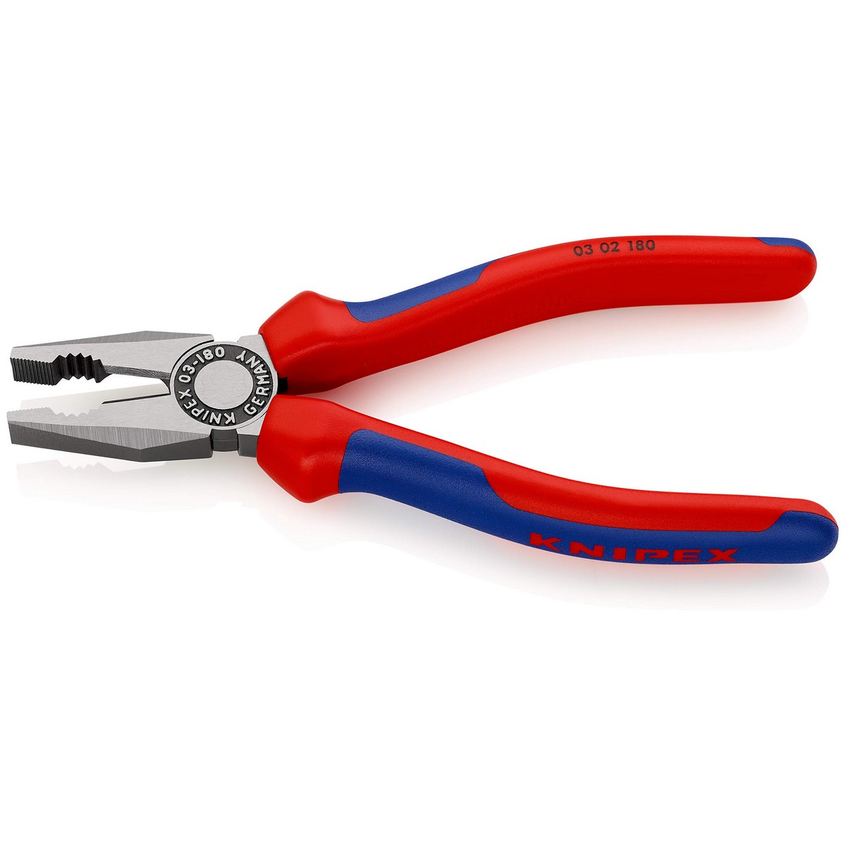 Alicates con mangos rojos y azules; mordazas plateadas. Marcado 'KNIPEX'. La herramienta está sobre fondo blanco.