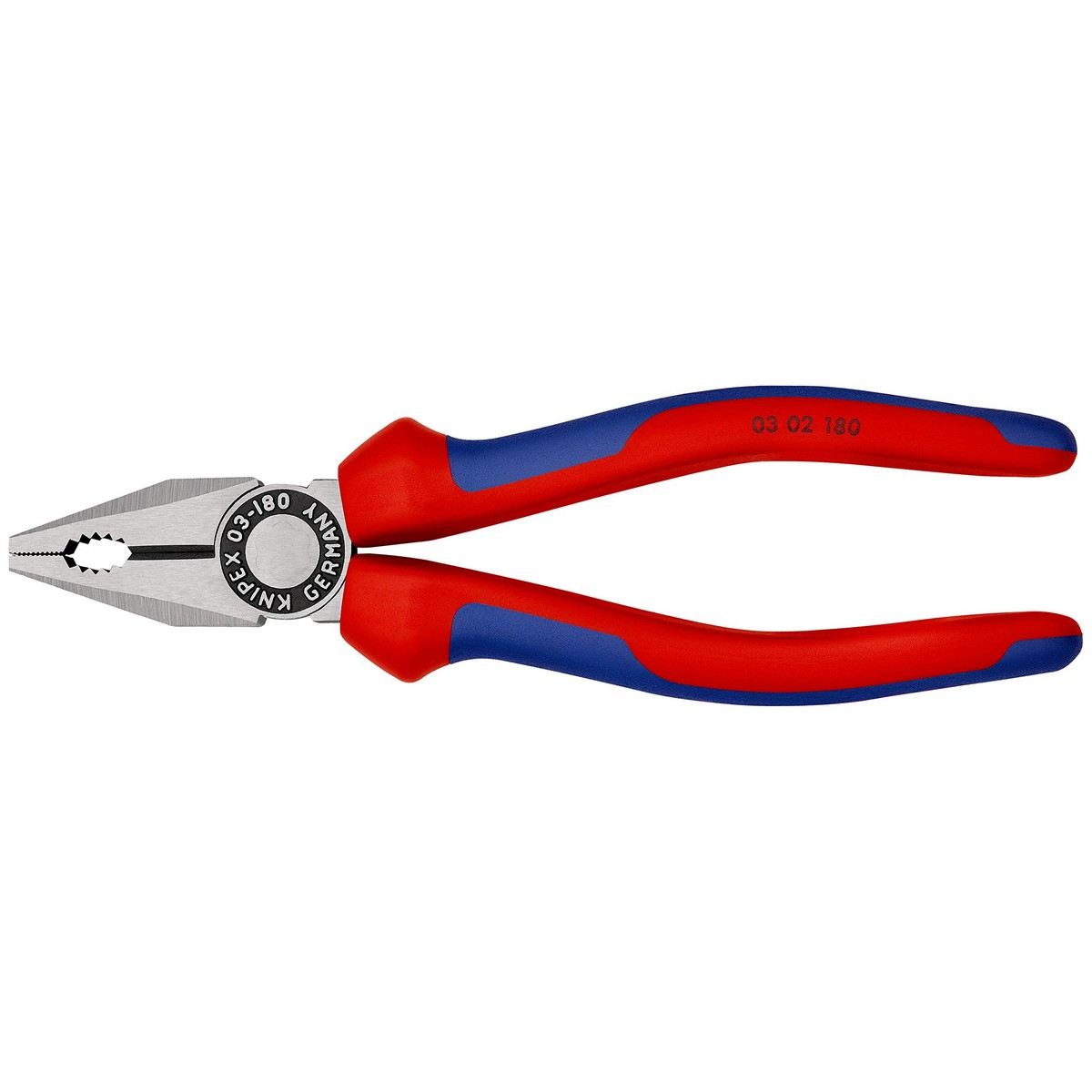 Alicates con mangos rojos y azules; mordazas plateadas. Marcado 'KNIPEX'. La herramienta está sobre fondo blanco.