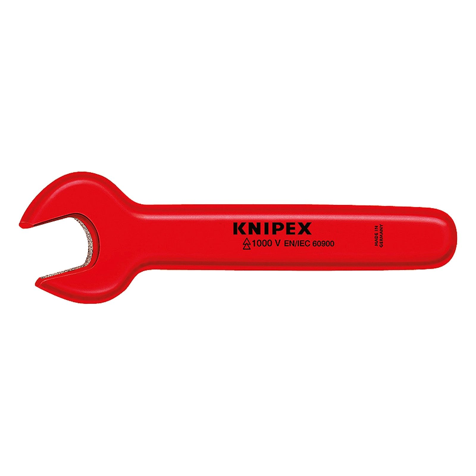 Roter Schraubenschlüssel mit 'KNIPEX'-Logo und 'Made in Germany' aufgedruckt. Auf weißem Hintergrund.