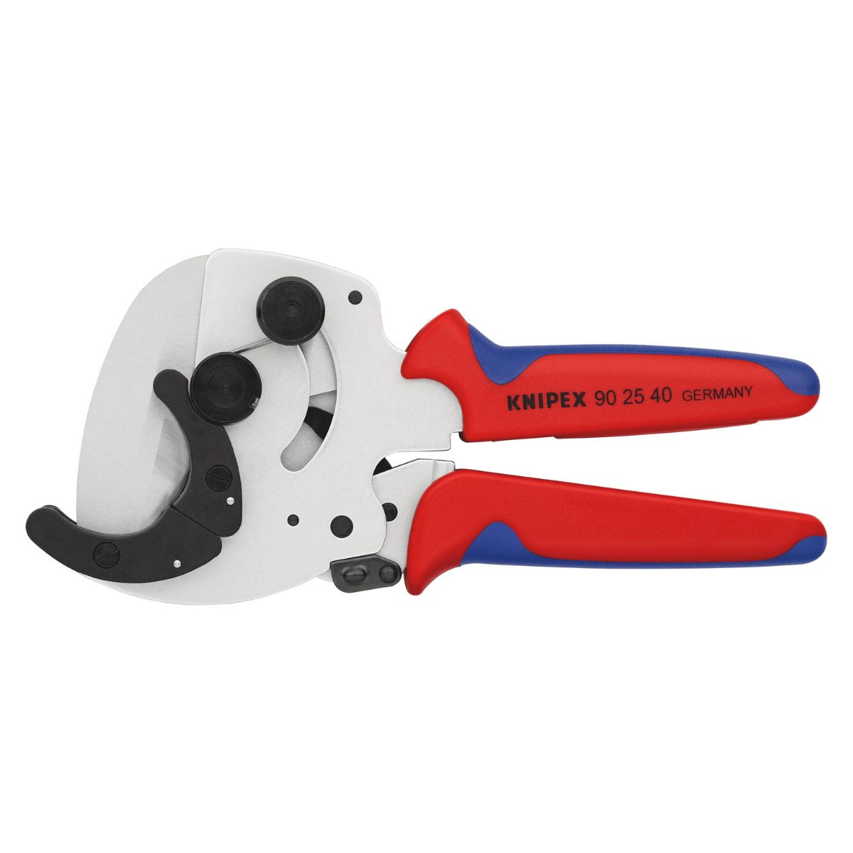 Pipe cutter with red and blue handles. Marked 'KNIPEX'. It is on a white background. The tool is open.