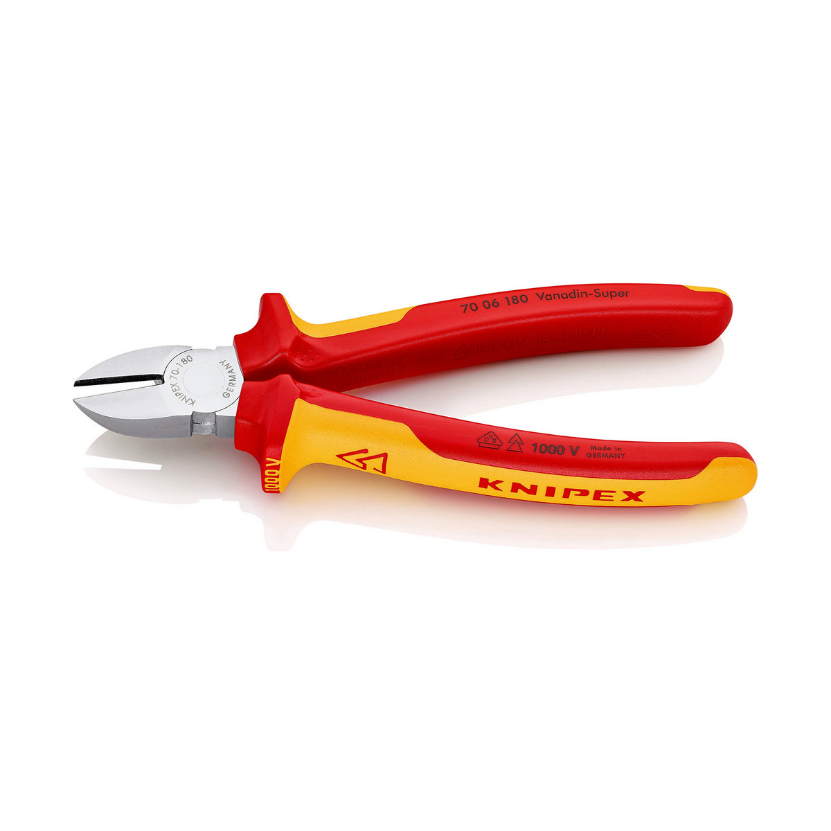 Red and yellow handled cutter pliers, KNIPEX label, on white background.