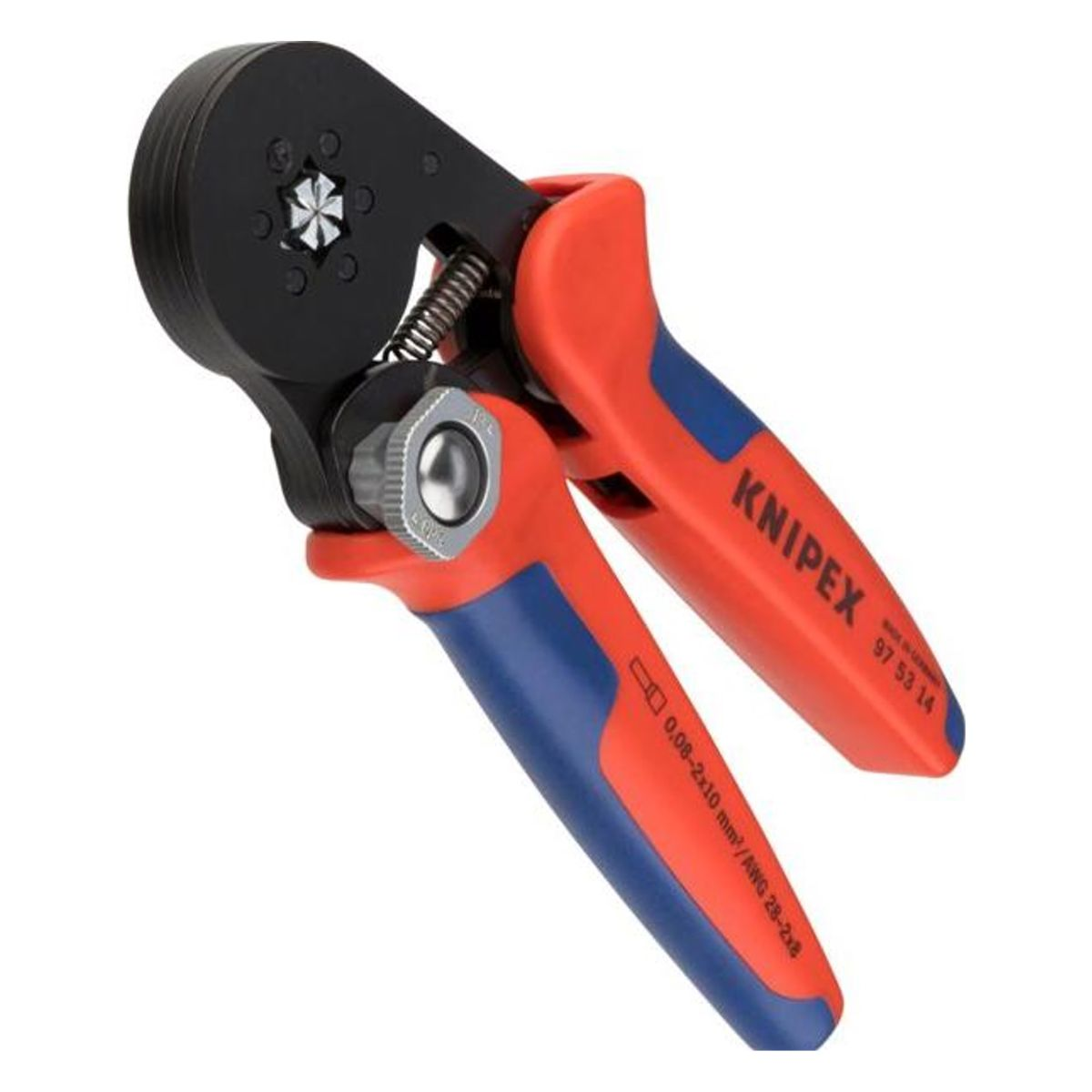 Czerwono-niebieskie szczypce zaciskowe. Szczypce mają czarną głowicę zaciskową i srebrną sprężynę.