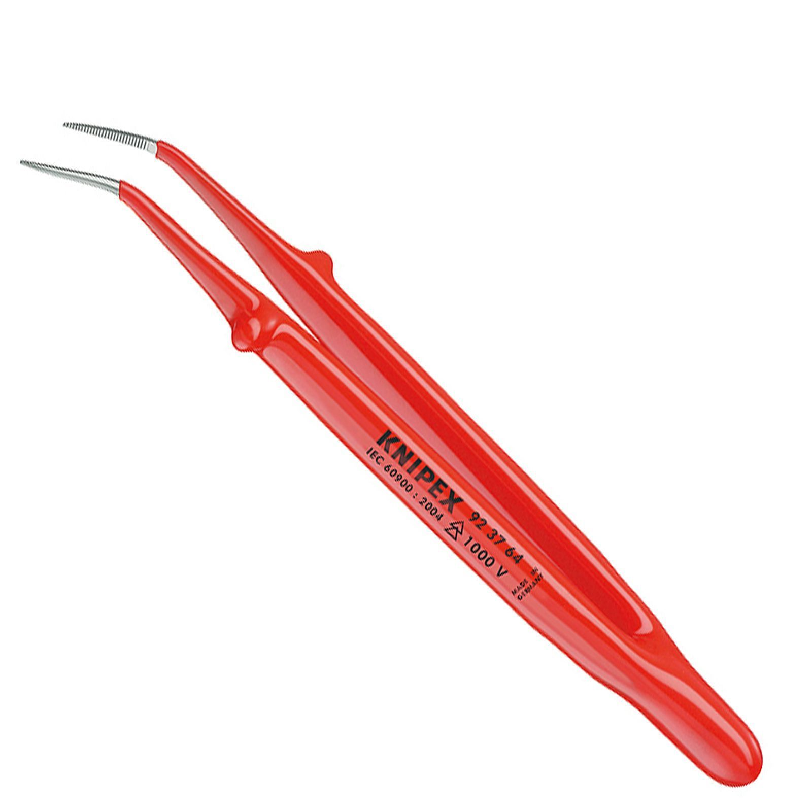 Rote Knipex-Pinzette auf weißem Hintergrund. Text: Knipex 92 37 64, IEC 60900:2004, 1000 V, Made in Germany.