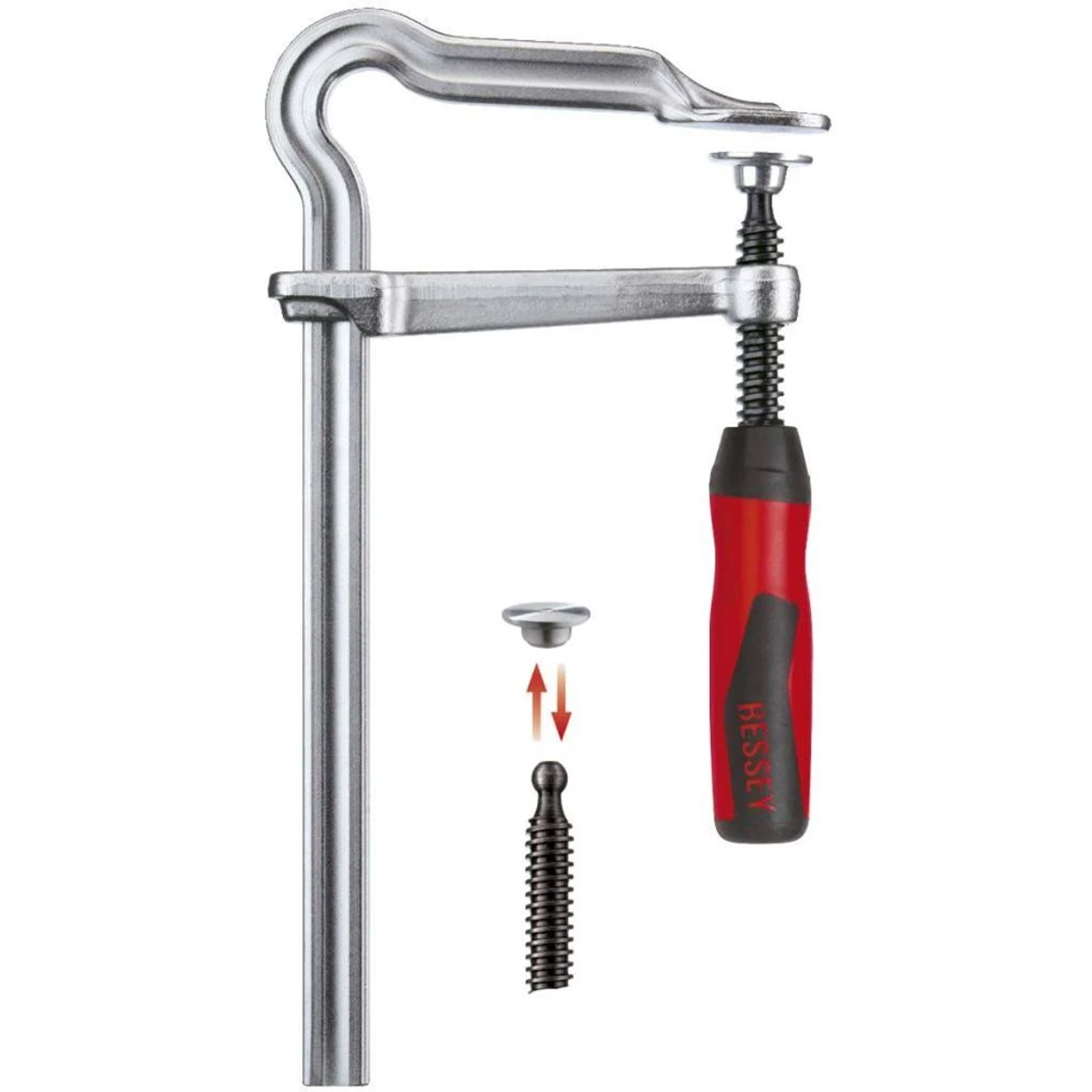 Abrazadera metálica con mango rojo y tornillo. Parte separada abajo, lista para ensamblar.