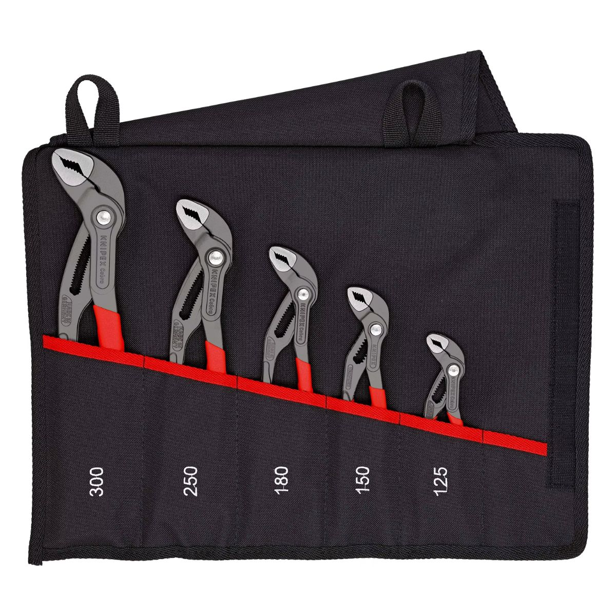 Zestaw szczypiec nastawnych w czarnym etui. Czerwone uchwyty. Rozmiary od 125mm do 300mm.