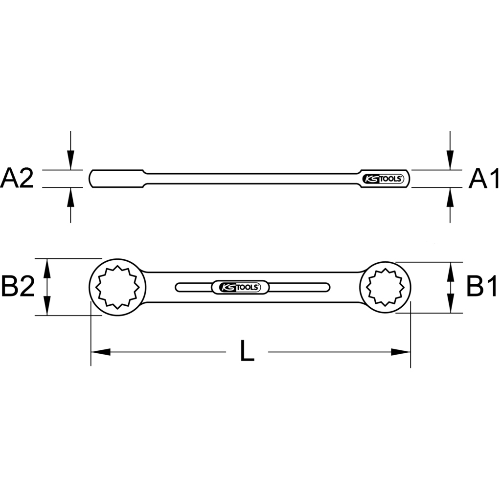 Ein schematisches Diagramm zeigt einen Schraubenschlüssel mit beschrifteten Abmessungen. Es ist eine Draufsicht.
