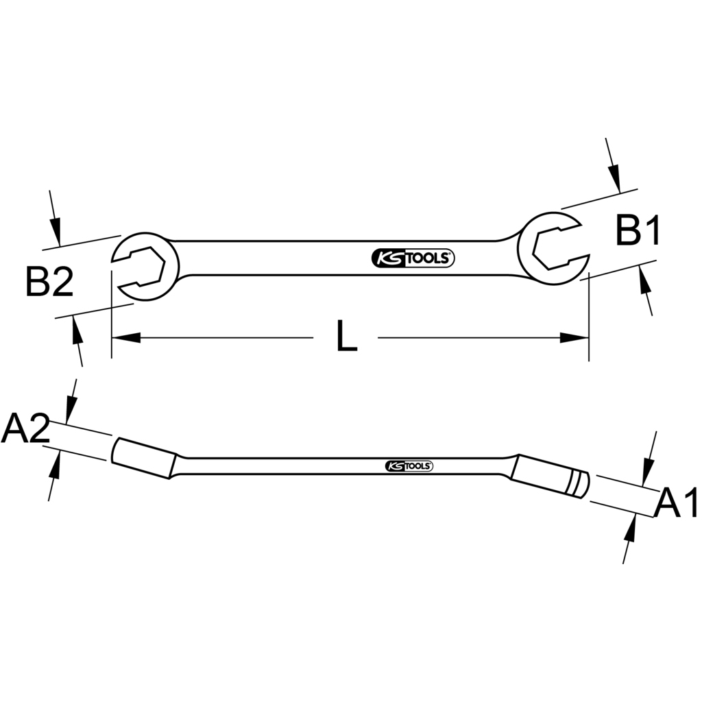 Diagramm eines Schraubenschlüssels. Er ist silberfarben mit dem Text "KS TOOLS". Pfeile zeigen Abmessungen.
