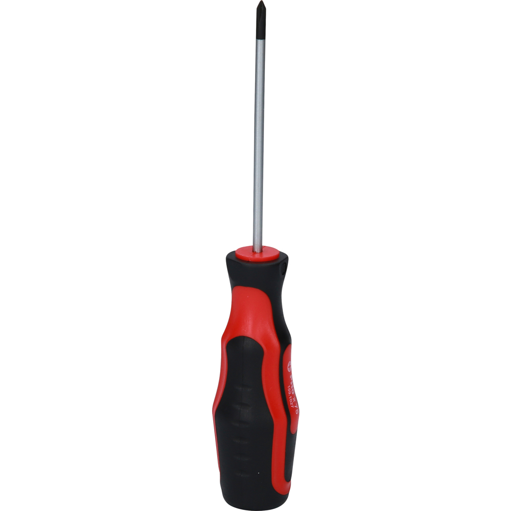 Śrubokręt z czerwono-czarnym uchwytem, srebrnym trzpieniem na białym tle.