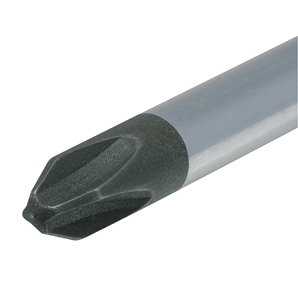 Zbliżenie ciemnoszarej końcówki śrubokręta na białym tle.