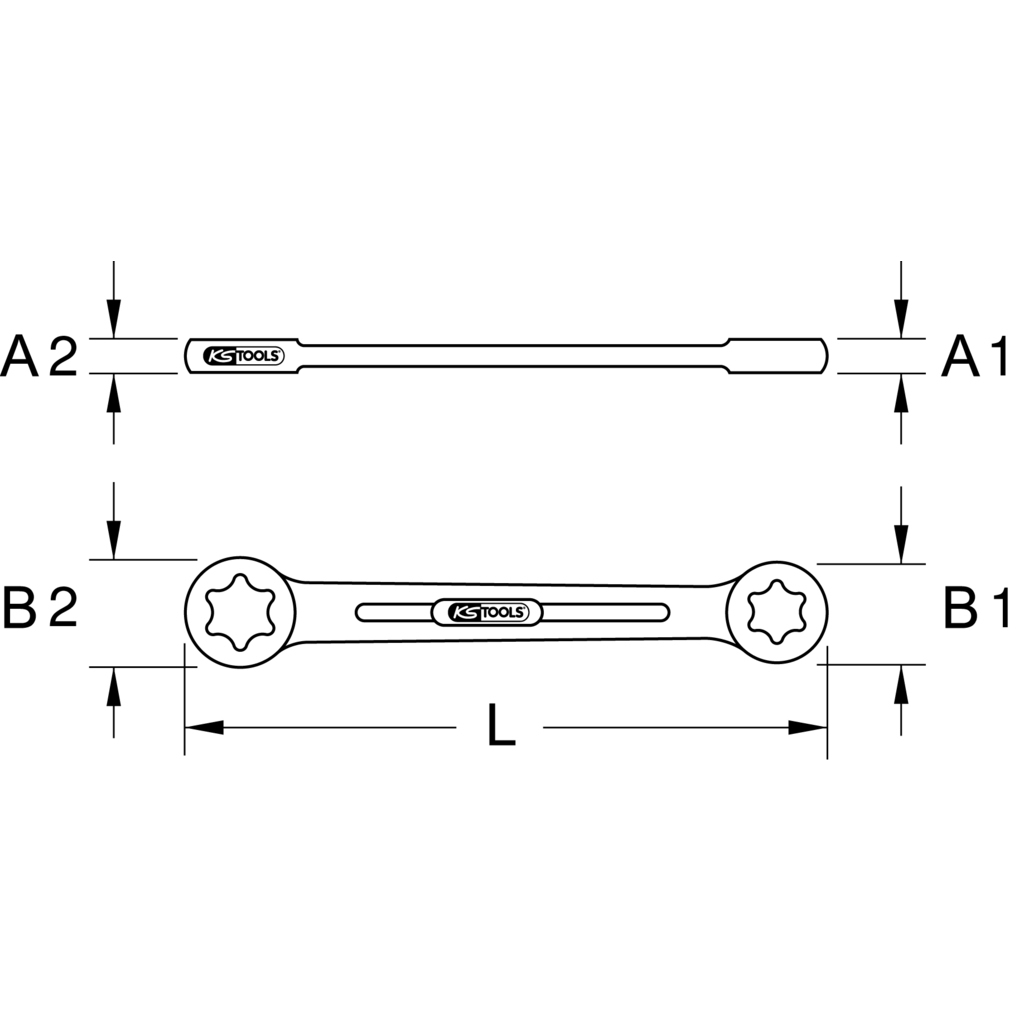Diagramm eines Werkzeugs mit Messungen. Es ist ein Doppelmaulschlüssel mit sternförmigen Öffnungen.