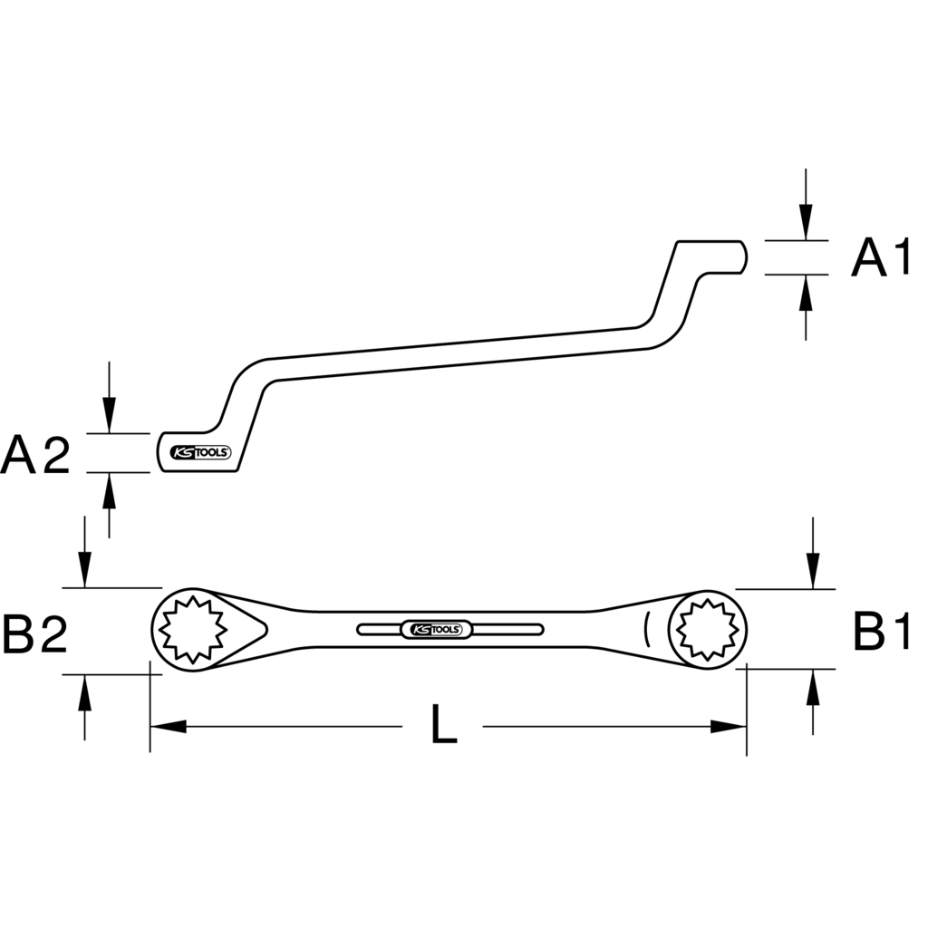Diagramm eines Schraubenschlüssels mit Messungen. Es ist ein Doppelmaulschlüssel mit sternförmigen Öffnungen.