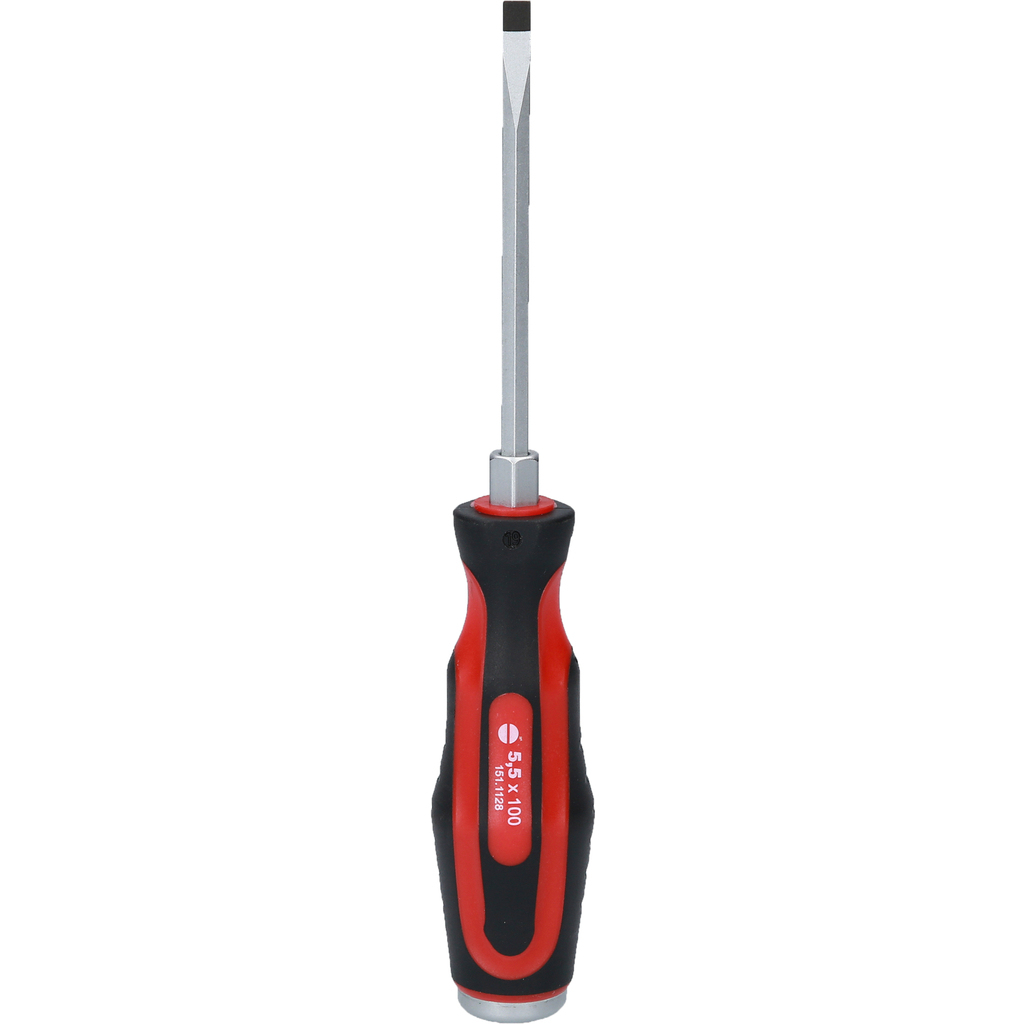 Ein Schlitzschraubendreher mit schwarz-rotem Griff, KS TOOLS Logo und Beschriftung.