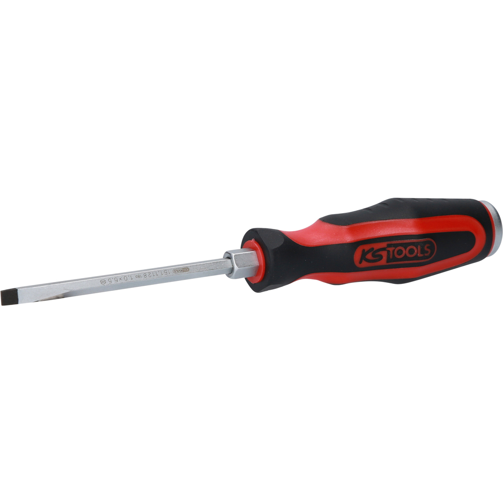 Ein Schlitzschraubendreher mit schwarz-rotem Griff und KS TOOLS Logo.