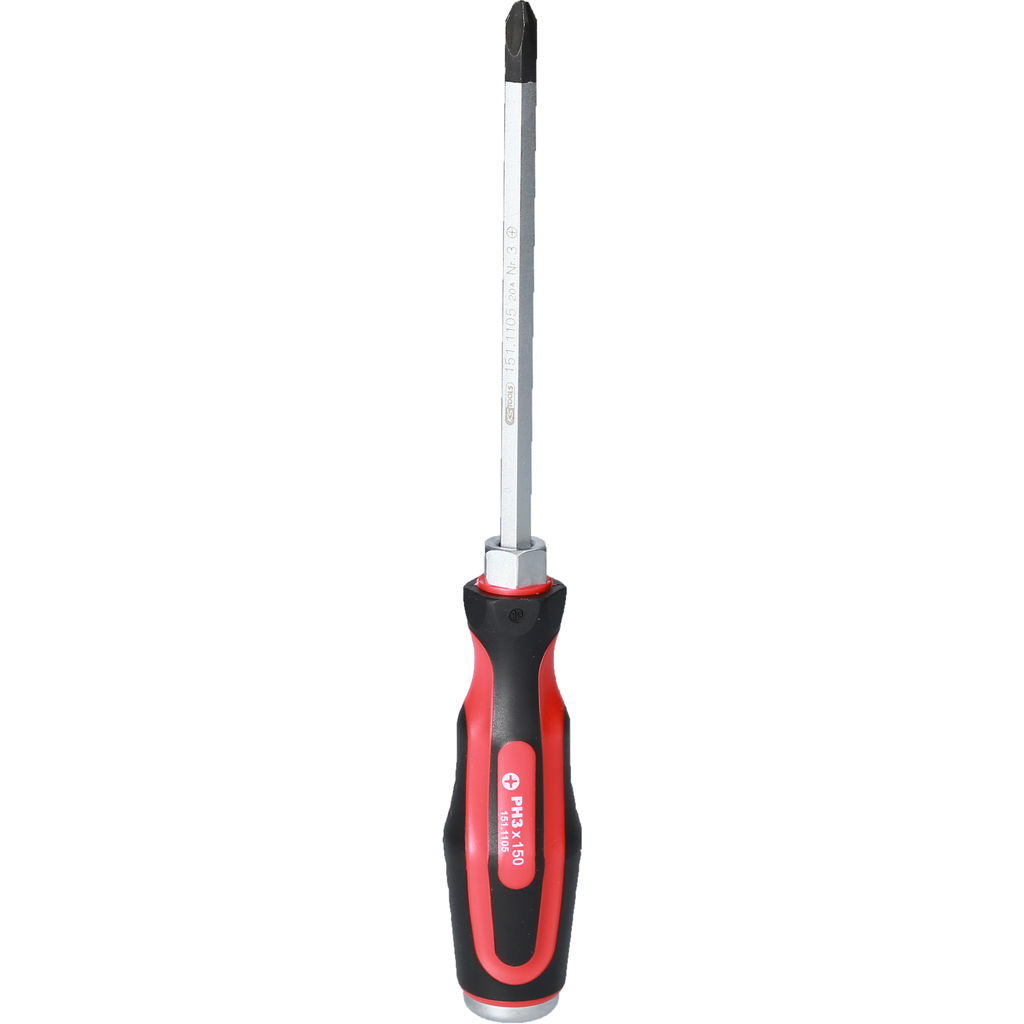 Ein Phillips-Schraubendreher mit schwarz-rotem Griff und KS TOOLS Logo.