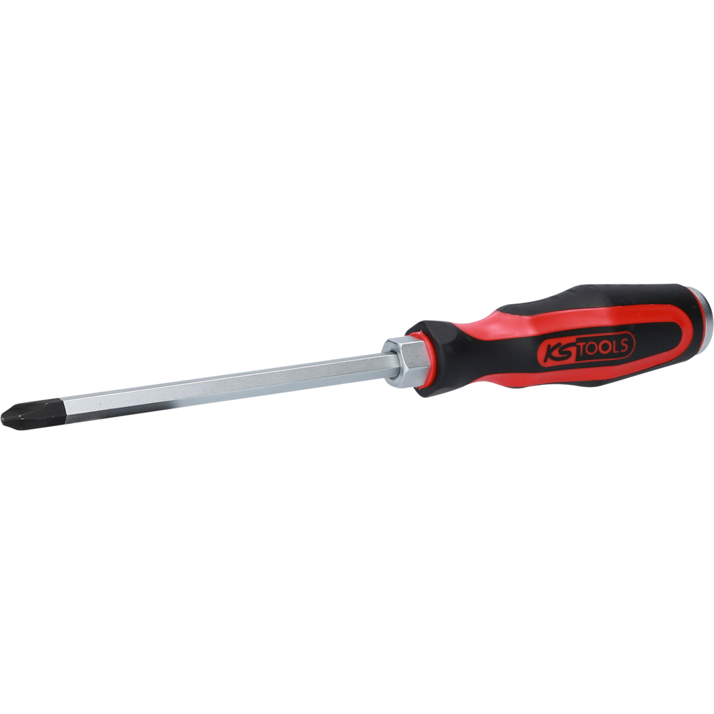 Ein Phillips-Schraubendreher mit schwarz-rotem Griff und KS TOOLS Logo.