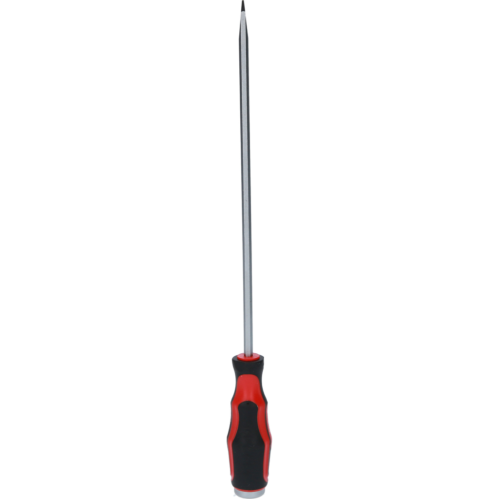 Flachkopfschraubendreher mit rot/schwarzem Griff und silbernem Schaft.