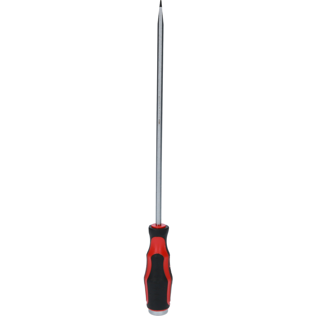 Flachkopfschraubendreher mit rot/schwarzem Griff, silbernem Schaft.
