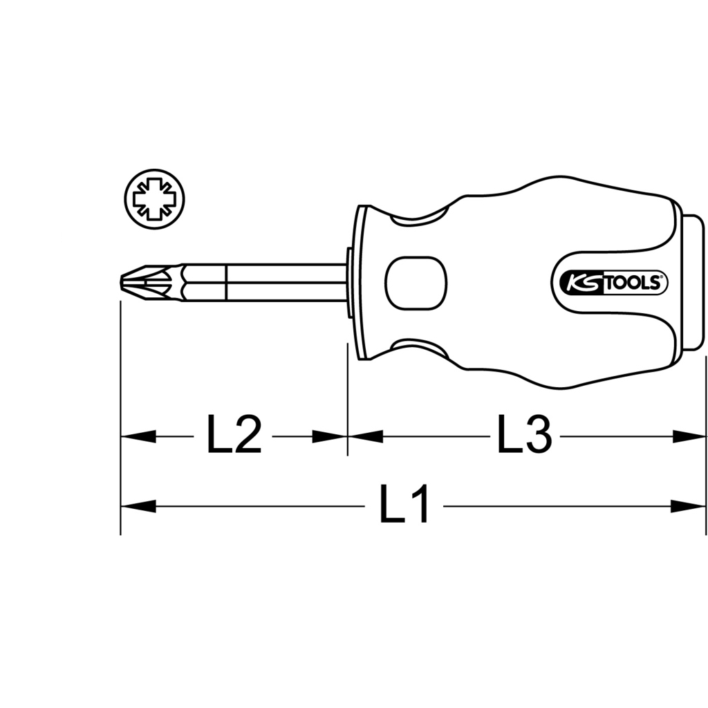 Diagramm eines kurzen Schraubendrehers mit den Maßen L1, L2 und L3, sowie Sternspitze.