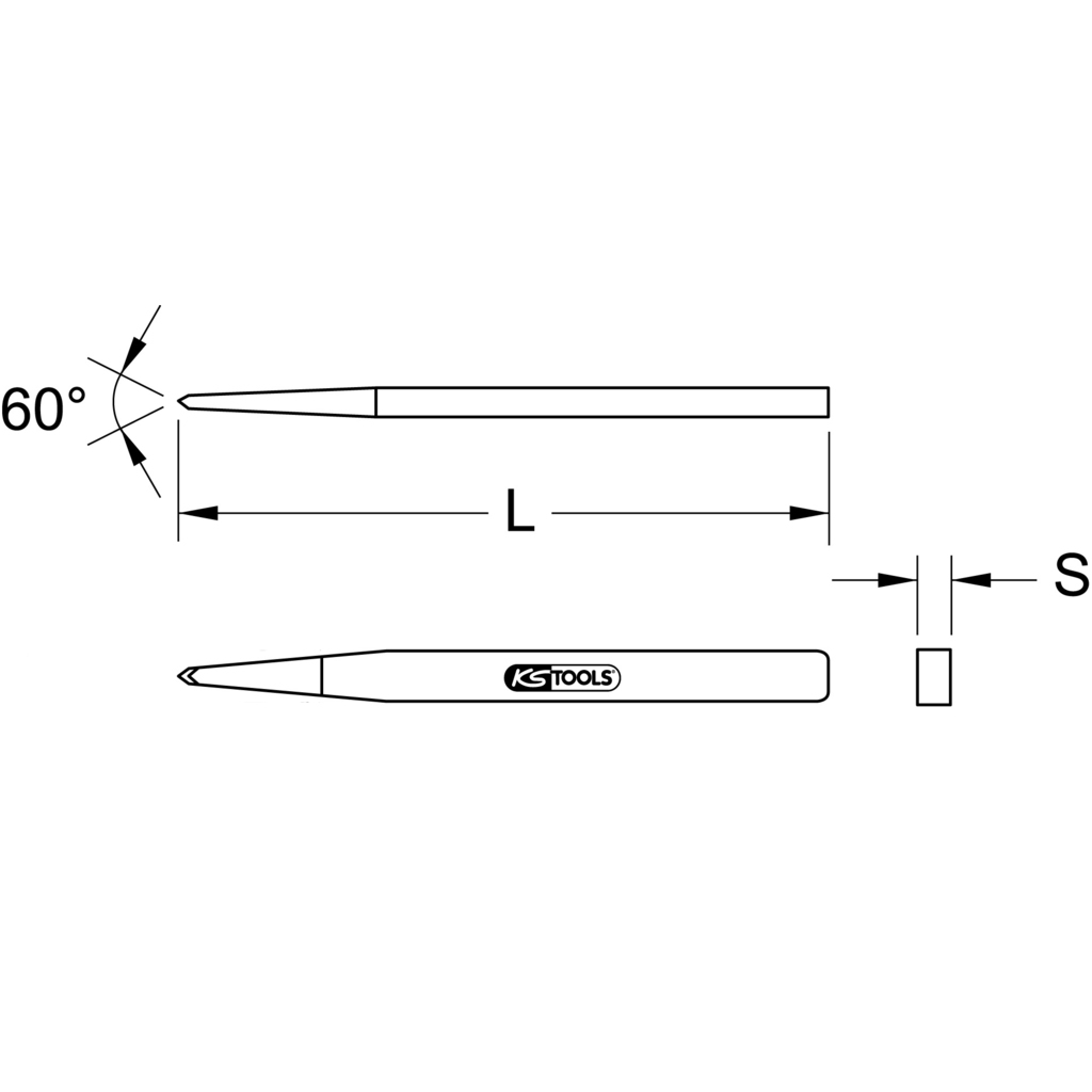 Diagramm eines Metallkörners mit Maßen und einem 60-Grad-Winkel an der Spitze.
