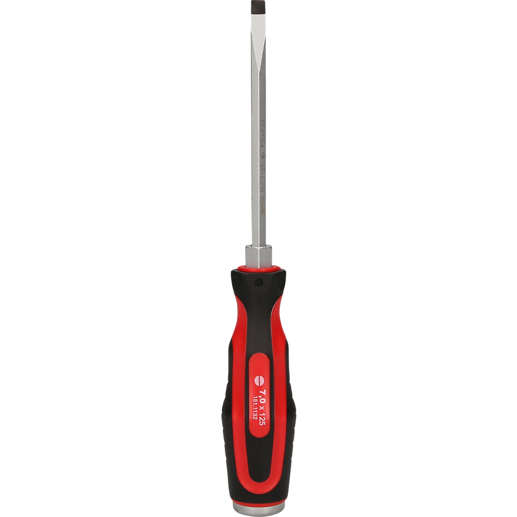 Ein rot-schwarzer Schraubendreher mit Schlitzspitze. Auf dem Griff steht KS TOOLS.