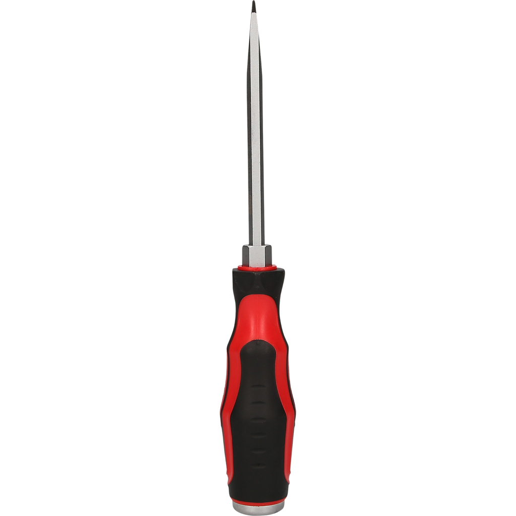 Ein rot-schwarzer Schraubendreher mit spitzer Spitze. Auf dem Griff steht KS TOOLS.