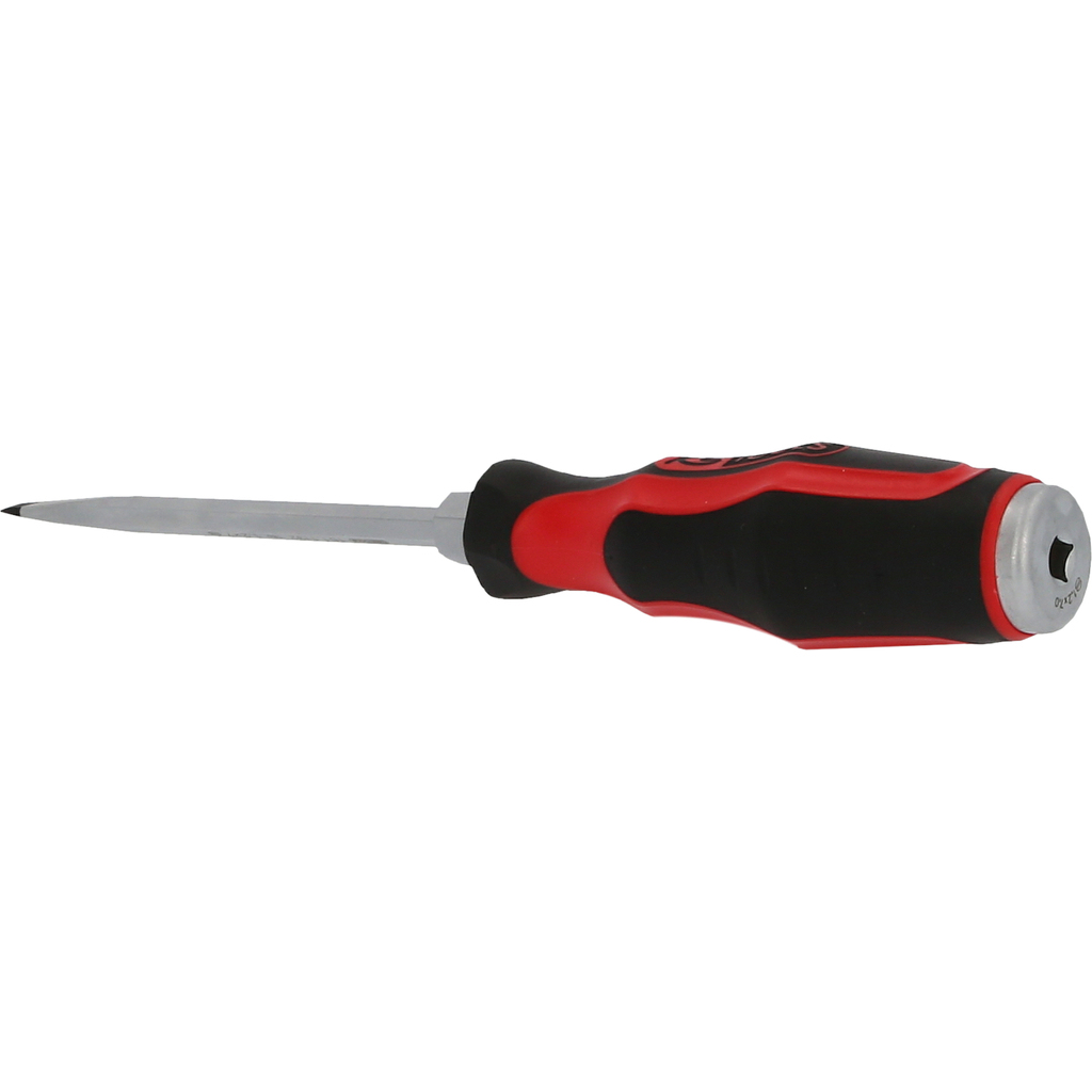 Ein rot-schwarzer Schraubendreher mit spitzer Spitze. Auf dem Griff steht KS TOOLS.