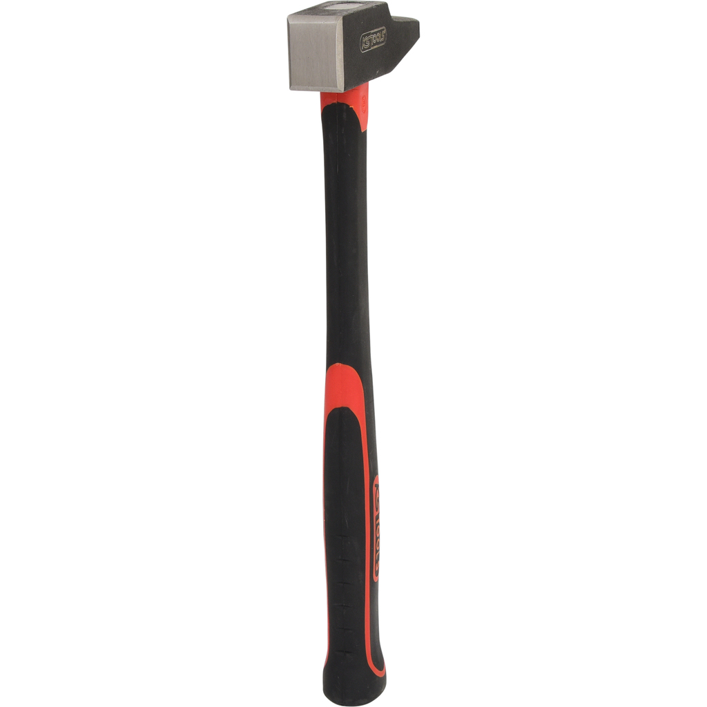 Martillo con mango negro y rojo y cabeza gris sobre fondo blanco.