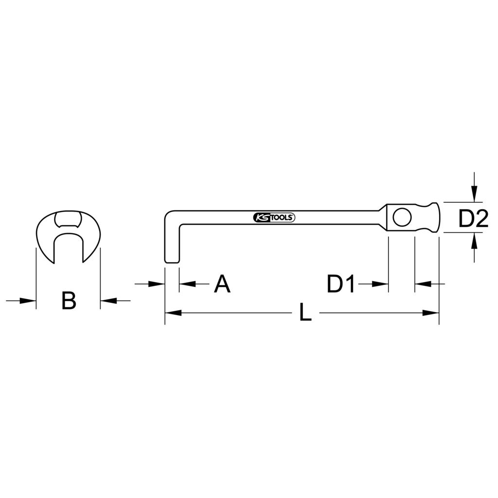 Een schematische tekening van een gereedschap met afmetingen en labels op een witte achtergrond.