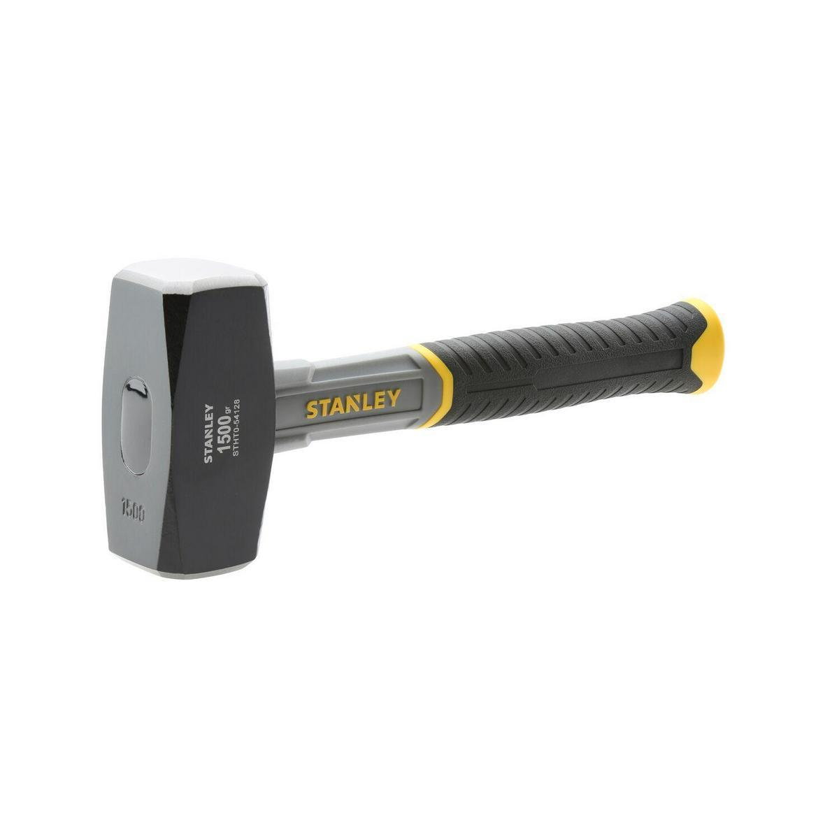 Ein grau-schwarzer Hammer mit gelbem Griff, beschriftet mit 'STANLEY'.