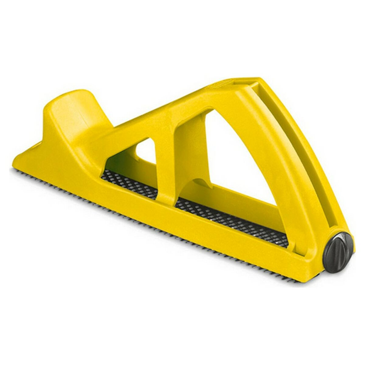 Se muestra una cepilladora manual amarilla con una superficie abrasiva negra, diseñada para alisar superficies.