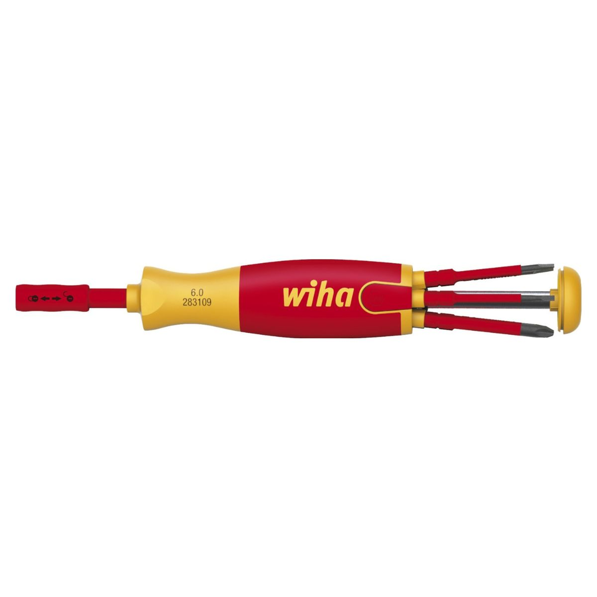 Un destornillador Wiha con múltiples puntas y un mango amarillo y rojo.