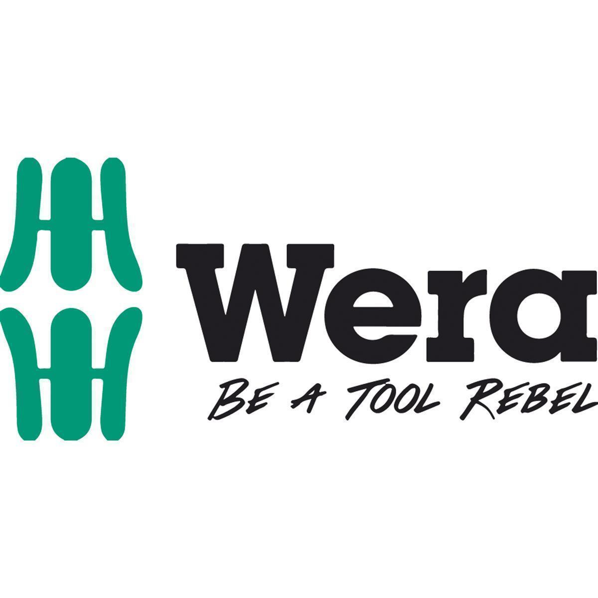 Logo Wera z tekstem: Wera, BE A TOOL REBEL. Białe tło.