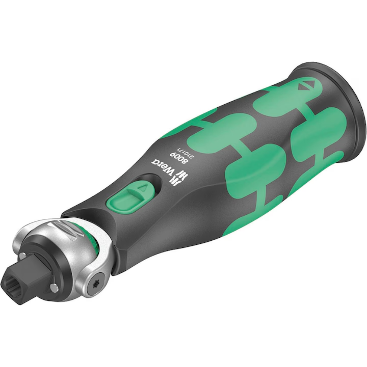 Wera ratchet screwdriver. Black and green handle, silver ratchet head. Isolated.