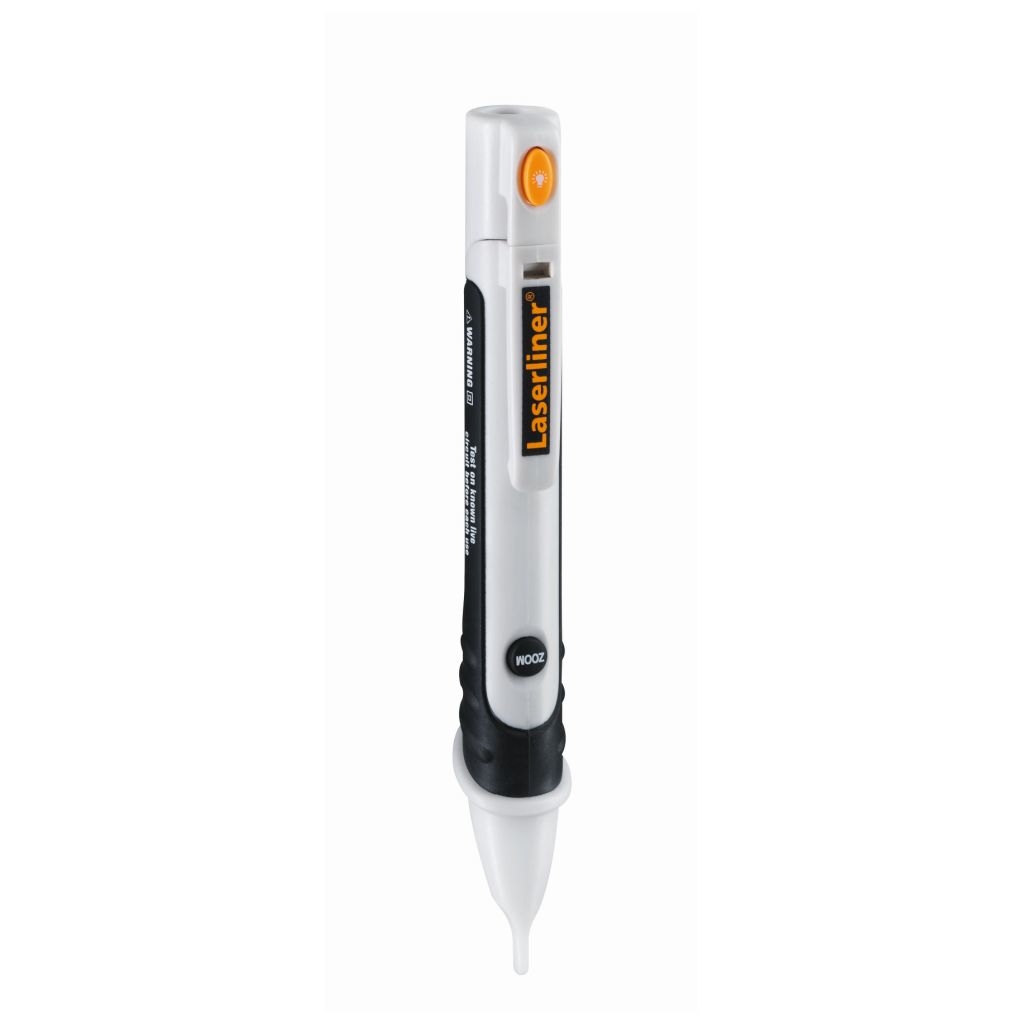 Weiß-schwarzer Spannungstester-Stift mit orangefarbener Taste und spitzer Spitze. Isoliert auf Weiß.