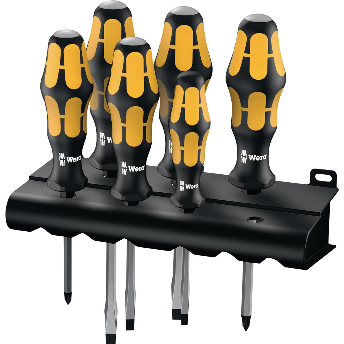 Six screwdrivers with black and yellow handles, in a black holder. The tools are isolated on white.