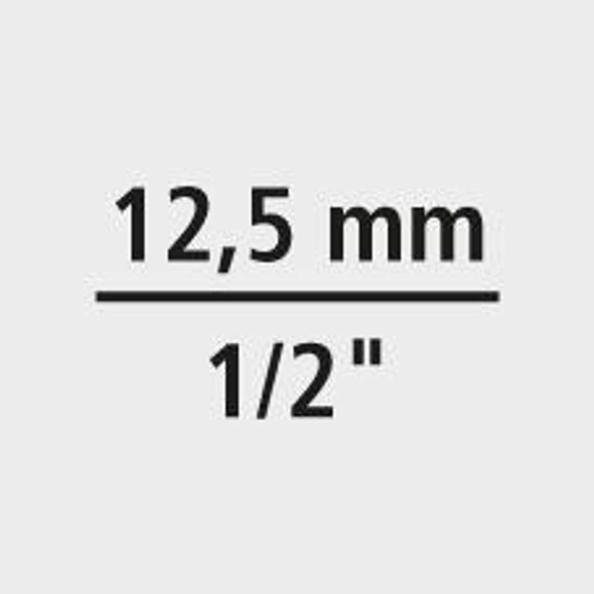 Text: 12,5 mm / 1/2" auf hellgrauem Hintergrund. Schwarzer Text.