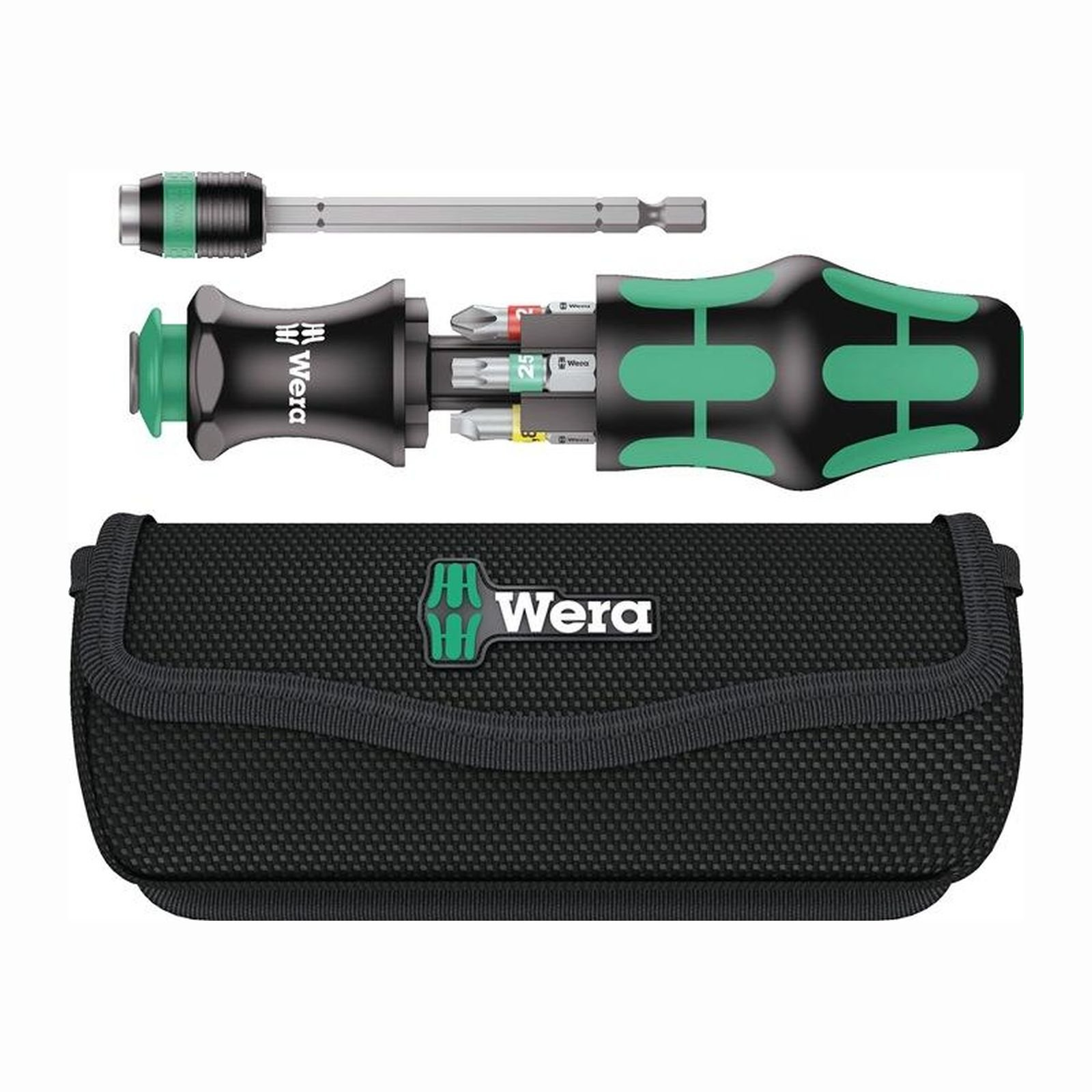 Zestaw śrubokrętów i bitów w czarnym etui. Śrubokręty są czarne i zielone.