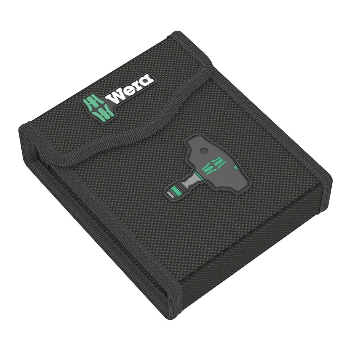 Estuche de herramientas Wera, negro con logo verde, vista en ángulo, cerrado.