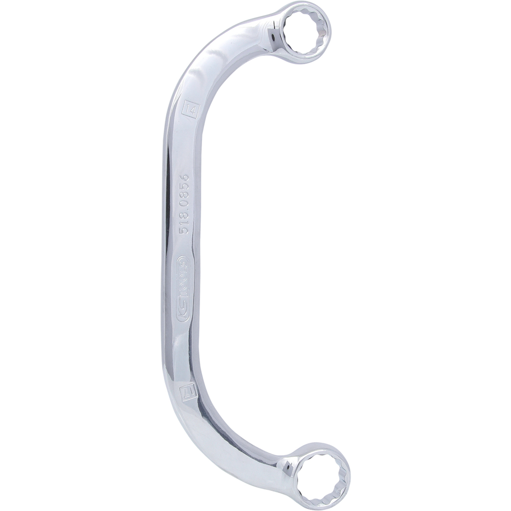 Ein silberner Schraubenschlüssel mit gebogener Form. Der Hintergrund ist schlicht weiß.