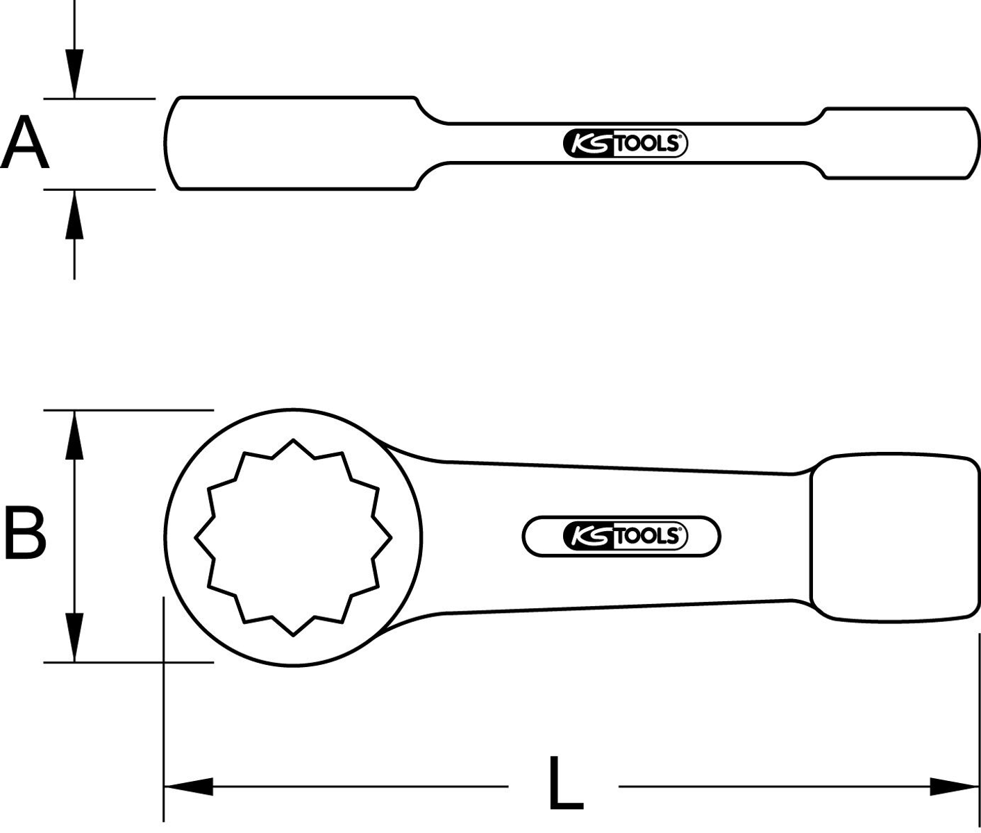 Schwarz-Weiß-Diagramm eines Schraubenschlüssels. Es hat eine kreisförmige Öffnung mit Messungen. Der Text lautet KS TOOLS.
