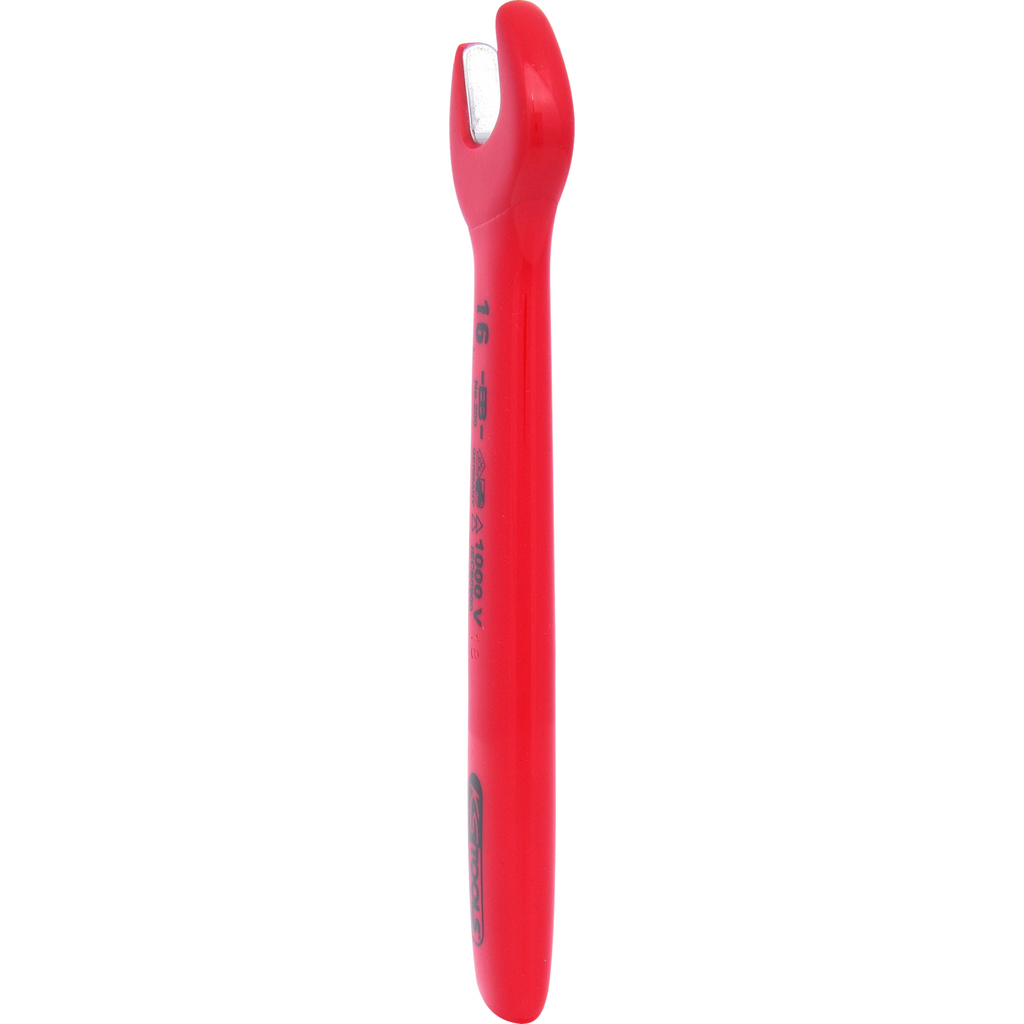 Ein roter Gabelschlüssel, vertikal dargestellt, mit weißem Hintergrund. Er hat das KS TOOLS Logo.