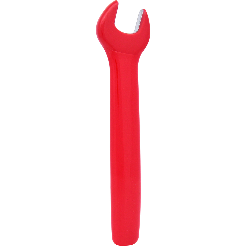 Ein roter Gabelschlüssel auf weißem Hintergrund. Der Schraubenschlüssel ist einfarbig rot.