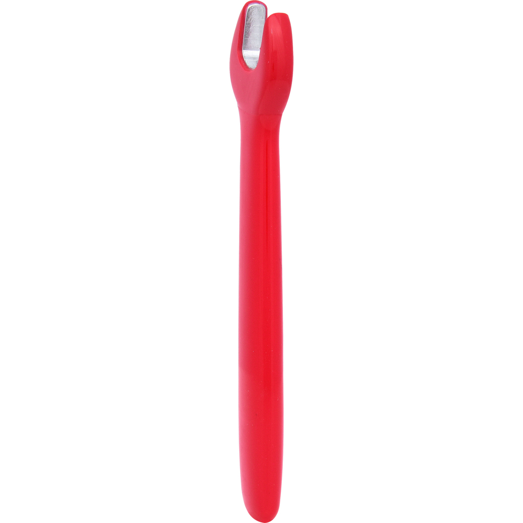 Ein roter Gabelschlüssel, vertikal dargestellt, auf weißem Hintergrund. Der Schraubenschlüssel ist rot.