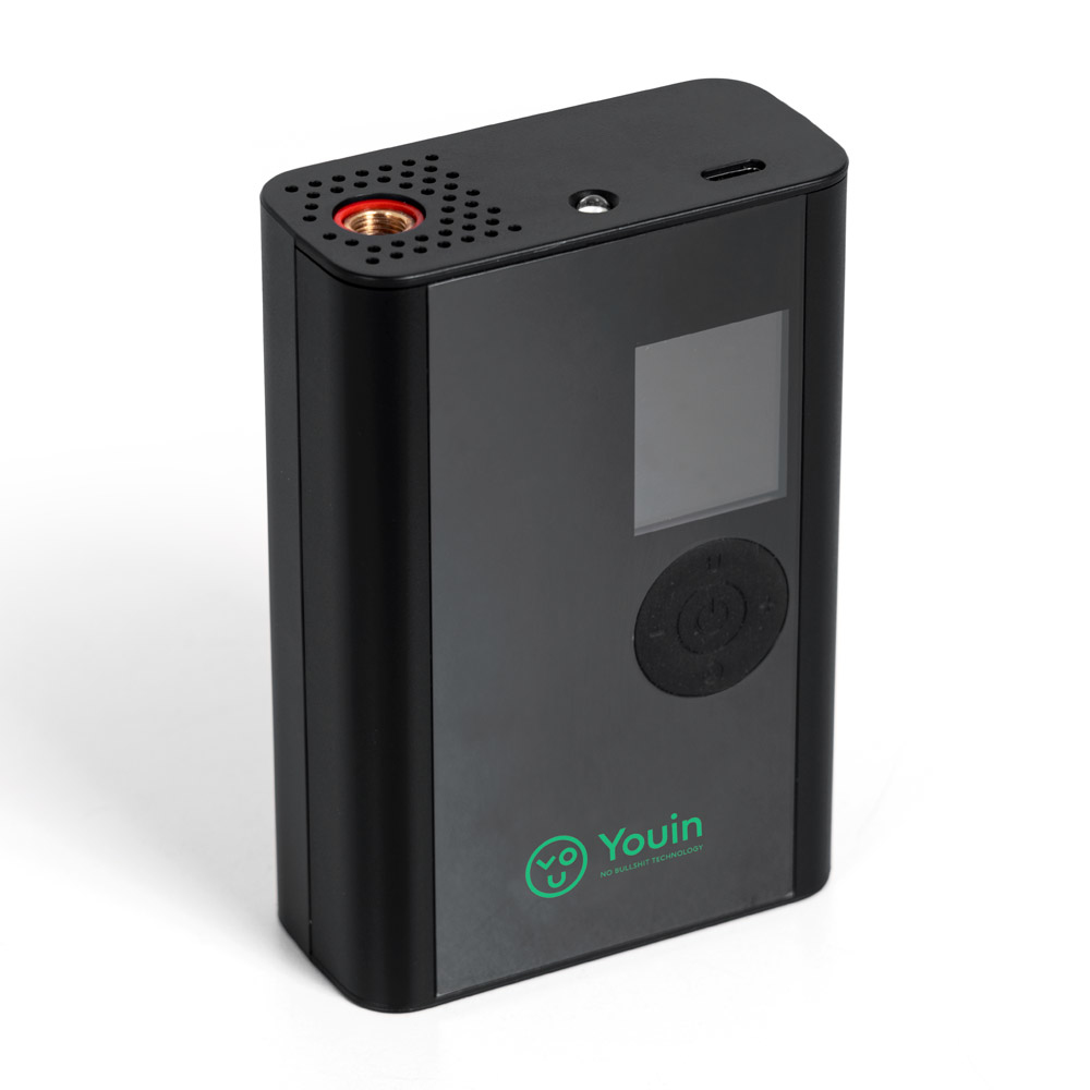 Dispositivo de vapeo rectangular negro con pantalla, botón y el logo 'Youin'.