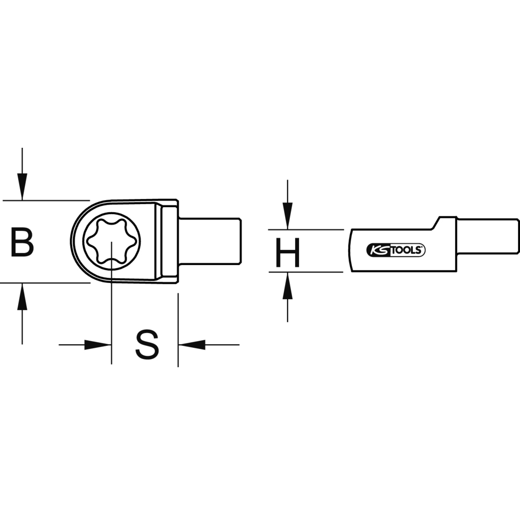 Diagramm eines Werkzeugs mit den Maßen B, S und H sowie dem KS TOOLS-Logo.