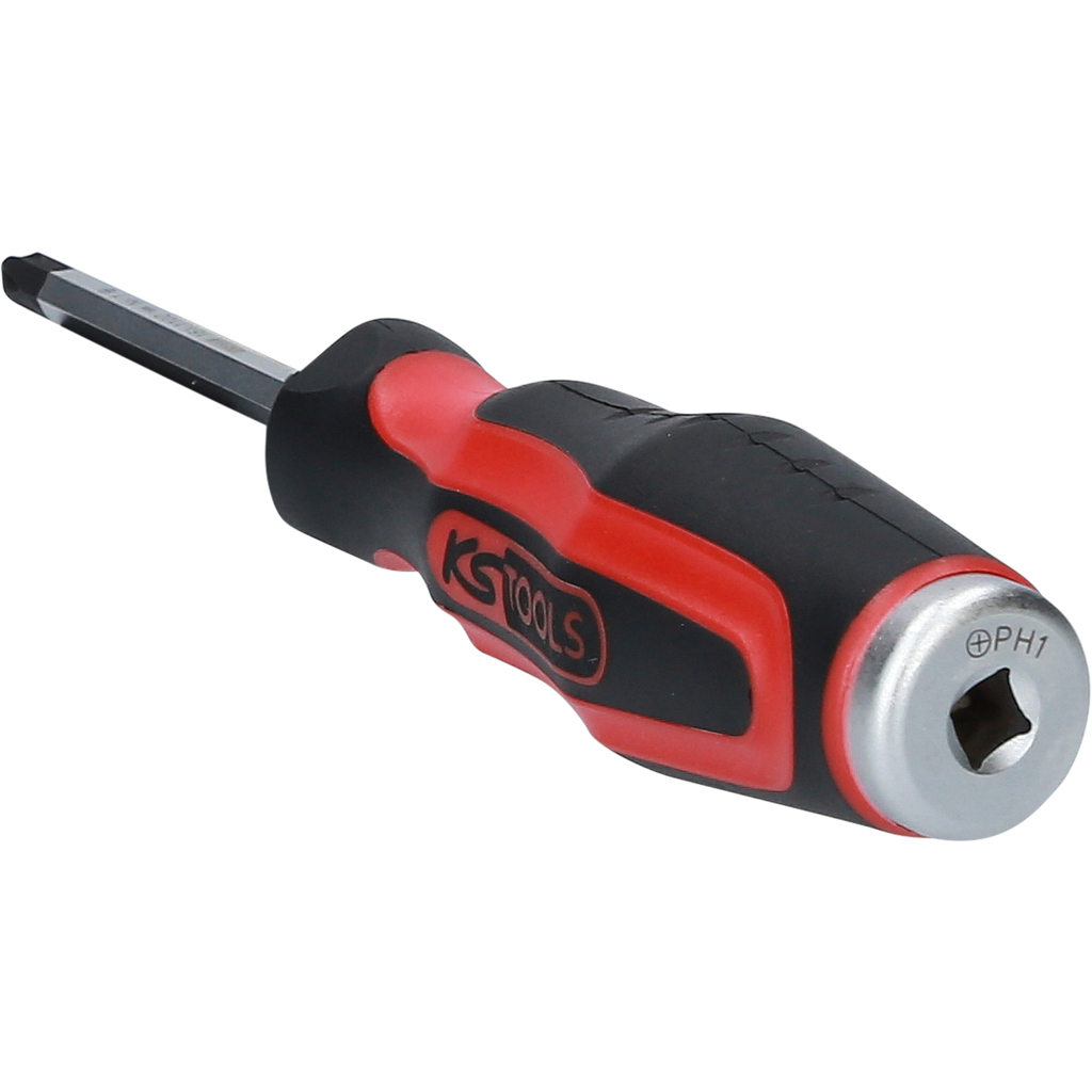 Schraubendreher mit schwarz-rotem Griff, KS TOOLS Logo und PH1 Markierung, auf Weiß.