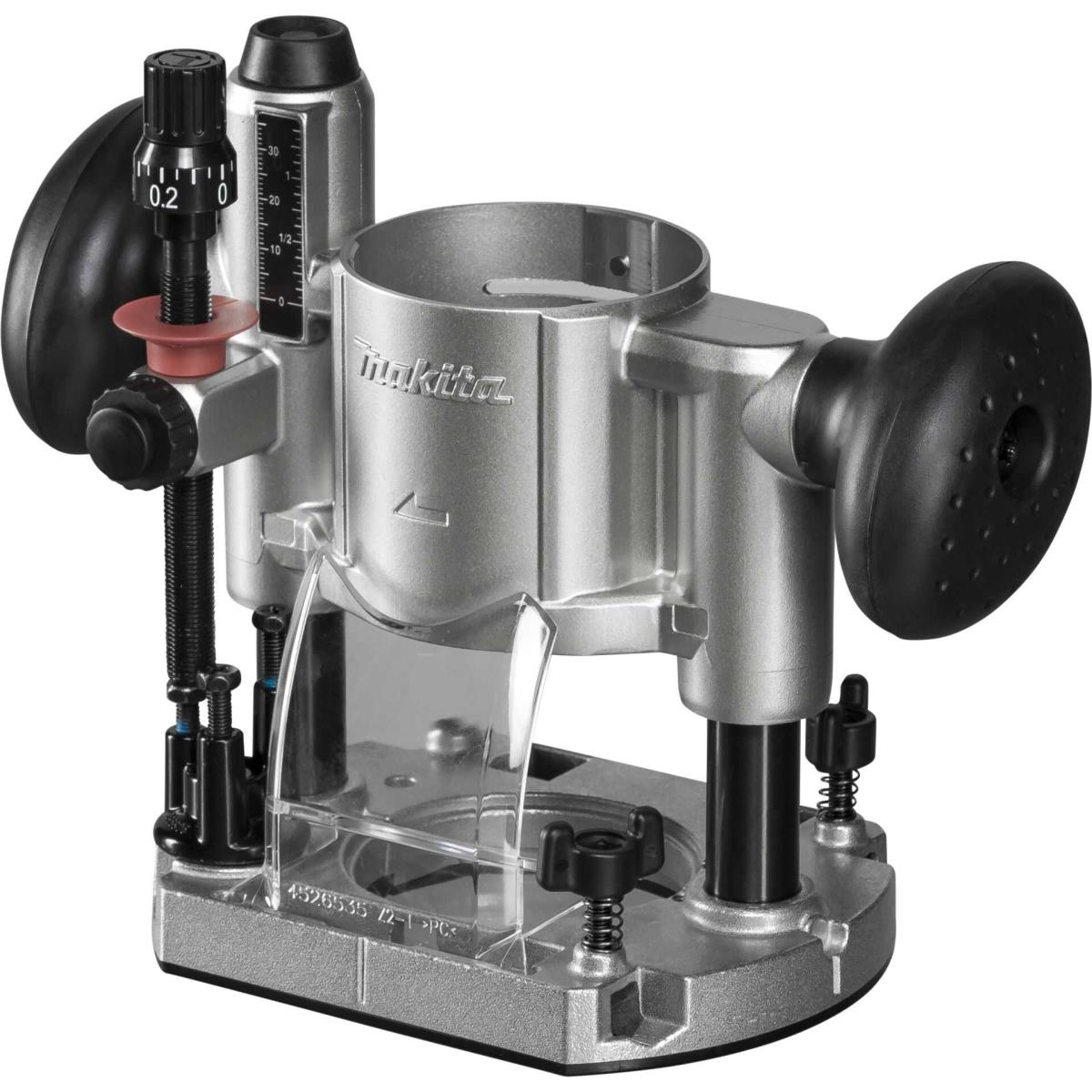 Podstawa frezarki Makita z różnymi elementami regulacyjnymi.