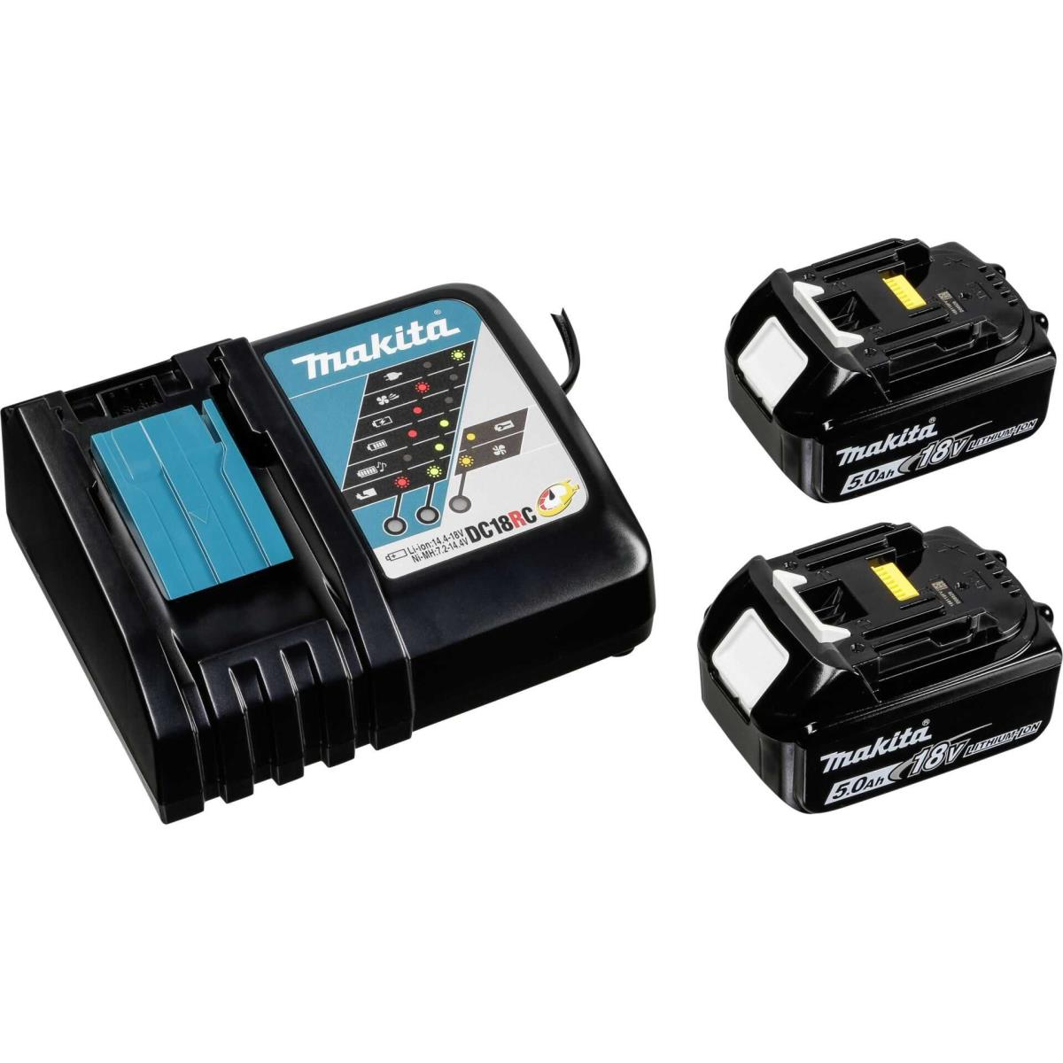 Caricabatterie Makita e due batterie nere Makita da 18V.