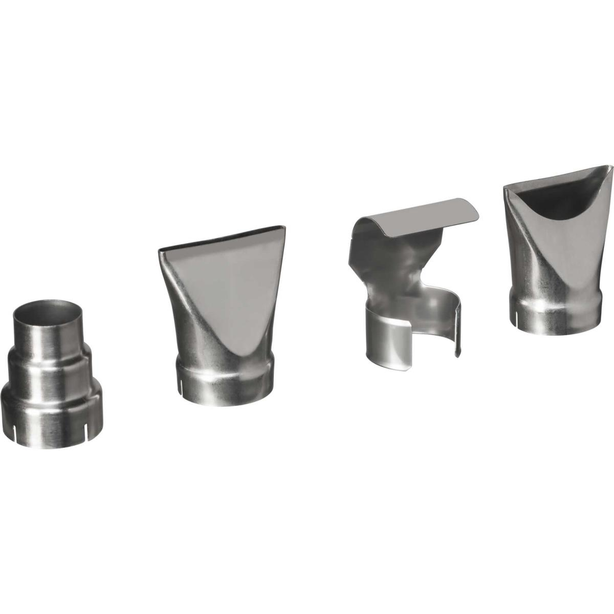 Cztery srebrne dysze do opalarki. Różne kształty do różnych zastosowań. Wszystkie są błyszczące i metaliczne.